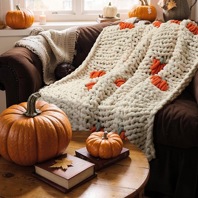 Fall Pumpkin Chunky Knit Throw Blanket 50" x 60",Beige | Large Handmade Chenille Loop Yarn Fluffy, Soft Knitted Throw, Big Cozy Thick Cable Knit Crochet Blanket, for Couch Sofa Bed