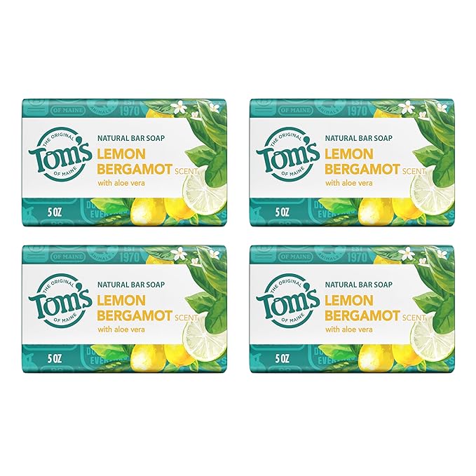 Tom’s of Maine Lemon Bergamot Natural Bar Soap with Aloe Vera, Dermatologically Tested, Paraben Free, Vegan, 5 oz, 4 pack