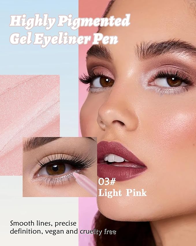 Waterline Gel Eyeliner Pencil, Light Pink Shimmer Waterproof Long Lasting Eye Liner Pencils with Sharpener, Highly Pigmented Hypoallergenic Cream Glitter Eyeliner Brightener Pen Makeup for Women-03