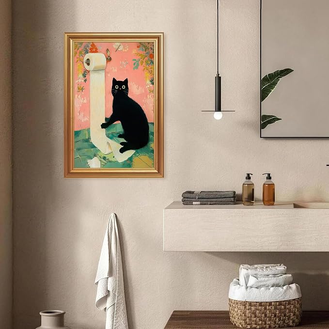 ICHZUMW Gold Framed Funny Black Cat Toilet Paper Canvas Wall Art, 12x16 In | Quirky Cat Print Humorous Pink Bathroom Wall Decor, Restroom Powder Room Guest Toilet, Fade Resistant, Ready to Hang