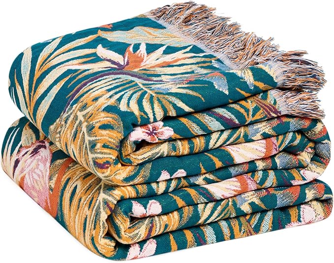 LUTBM Boho Throw Blanket for Bed 60"x80", All Season Cotton Couch Blankets | Reversible Leaves Birds Jacquard, All-Season Twin Lightweight Breathable Quilt, For Chair Sofa Bedroom Living Room
