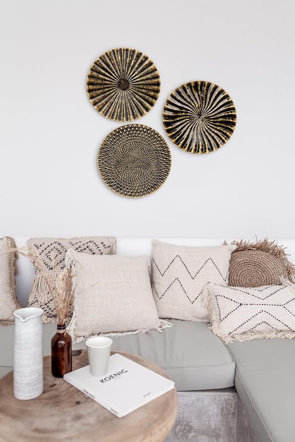 Briful 12" Wall Décor Pack of 3 Metal Gold & Black Washed Starbursts Radial Plate Wall Art Modern Accent Hanging Wall Decorations For Home Office Bedroom Or Living Room Wall Sculptures
