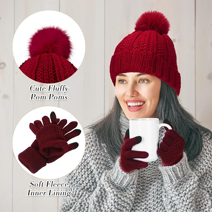 SATINIOR 5 Pcs Winter Hat Scarf Gloves Set Fleece Warm Lined Knit Beanie Hat Touch Screen Earmuff Gloves Warmer for Women(Wine Red,Classic Style)