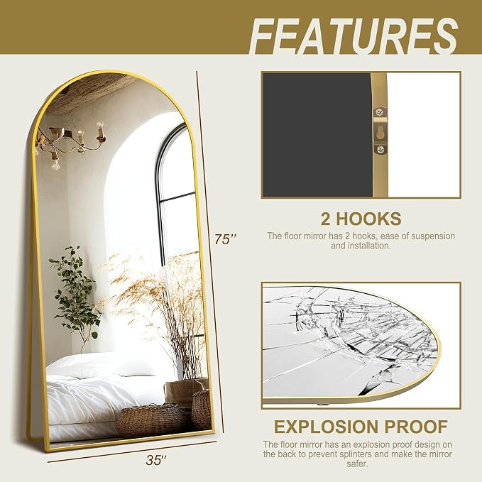Arched Full Length Mirror with Stand, 75x35 Gold Floor Mirror | Aluminium alloy frame with HD float glass for distortion-free reflection. Free standing or wall mounted.