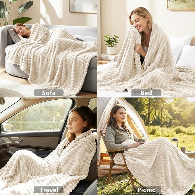 HIMEET Beige Oversized Throw Blanket, 300GSM Ribbed Fleece, 50 x 70 Inches | Ultra Soft Flannel, All-Season Lightweight Warmth, Extra Coverage for Couch Lounging, Home Room Decor, Machine Washable
