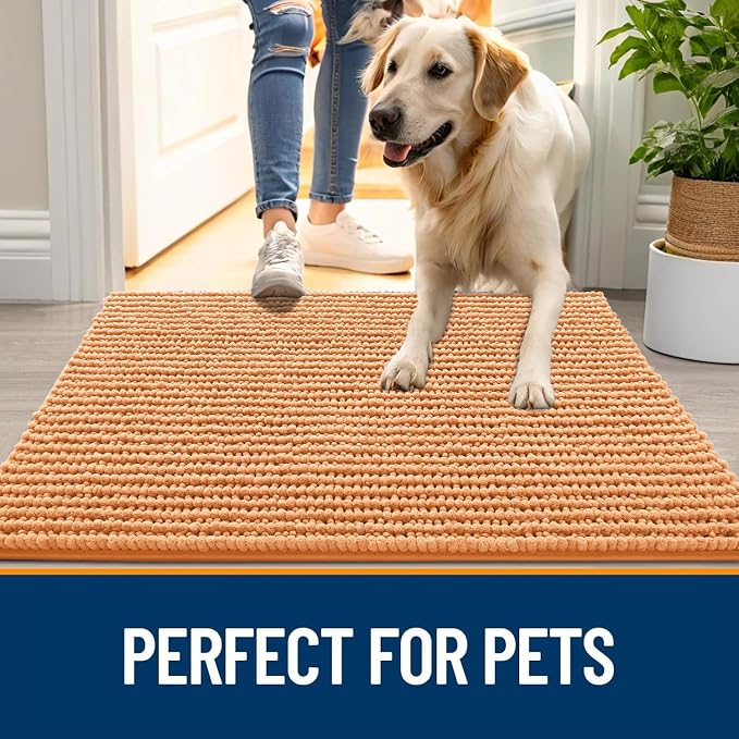 OLANLY Dog Door Mat for Muddy Paws 36x24, Extra Absorbent Chenille Mud Mat | Orange, Absorbs Moisture and Dirt, Non-Slip Machine Washable Doormat, Quick-Drying Indoor Entryway Floor Mat for Dogs