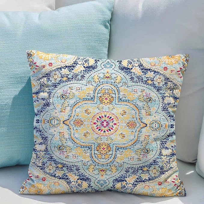 Snycler Boho Throw Pillow Covers 18x18 inch Set of 2 Burnt Blue Yellow Terracotta Rust Colored Throw Pillows Boho Home Decor for Bedroom Living Room Couch & Sofa (No Inserts)