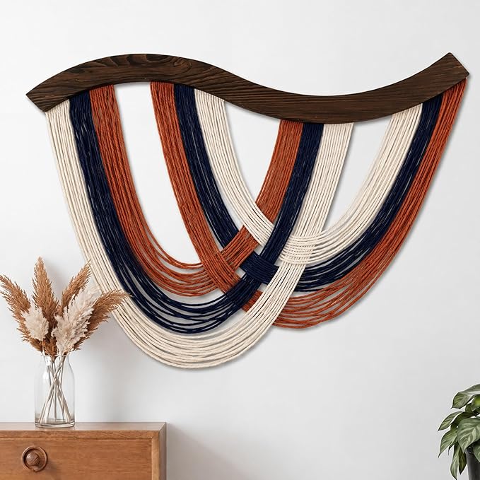 Mindsoft Terracotta Navy White Macrame Wall Hanging Dip Dyed Yarn Wall Art | Handmade Cotton Rope Tapestry for Bedroom, Living Room, Nursery, 31.5 x 23.6 Inch