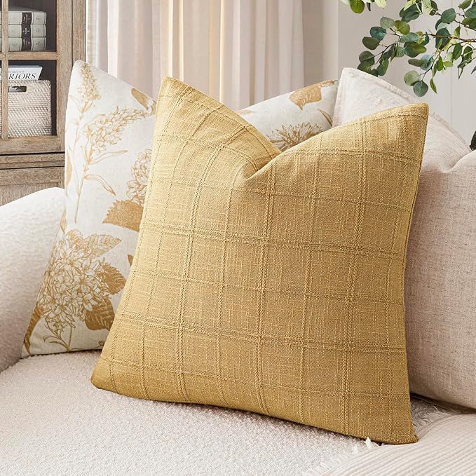 Foindtower Set of 2 Decorative Linen Check Throw Pillow Covers Neutral Farmhouse Vintage Cushion Covers Modern Boho Accent Home Decor for Sofa Chair Couch Bedroom Living Room,20×20 Inch,Amber Gold