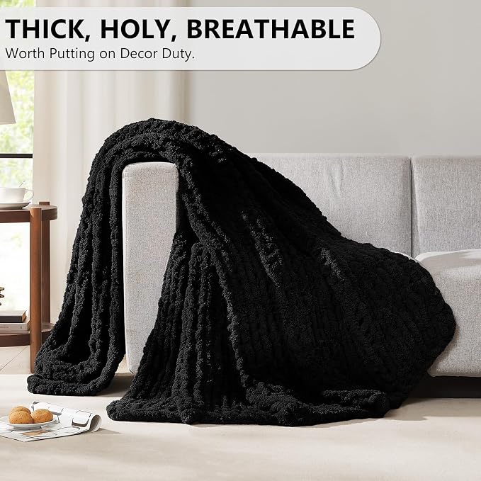L'AGRATY Chunky Knit Throw Blanket for Couch, 80'' x 90'' Knit Throw, Black | Handmade Chenille Crochet Blanket for Sofa Bed, Thick Cable Knitted Blankets for Room Home Decor, Birthday Gift for Women Mom