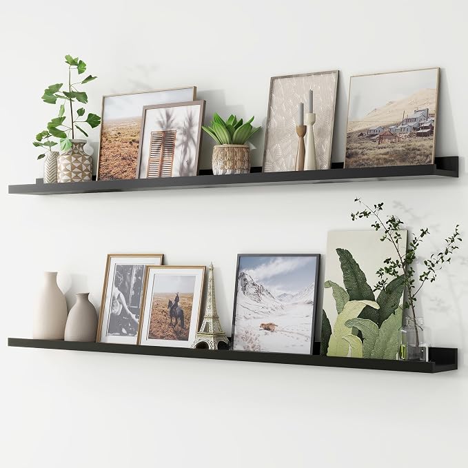 Picture Ledge Shelf, Long Floating Shelves for Wall, 56" W Set of 2, Black | FSC Certified Engineered Wood, Wall Mounted Bookshelf, for Nursery Living Room Bedroom, Easy Install