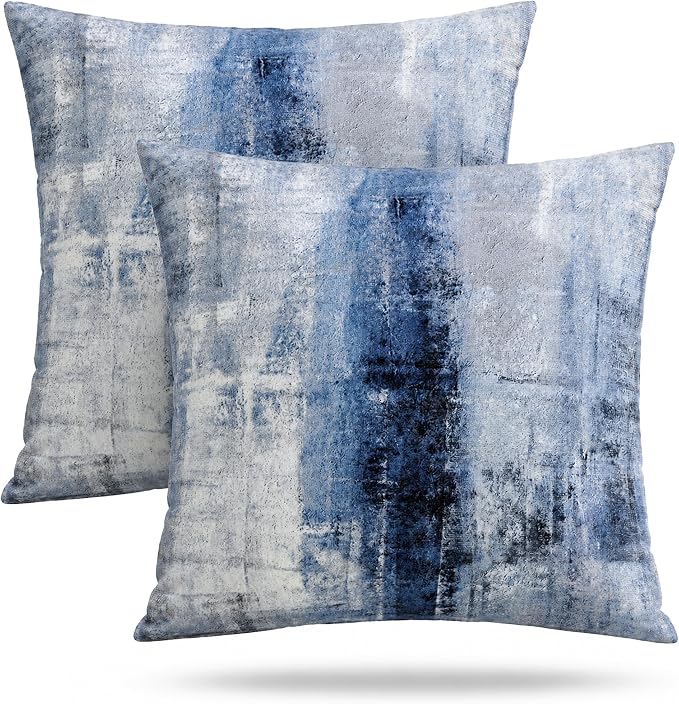 Blue and Grey Abstract Art Artwork Pillow Cover, Gallery Modern Decorative Throw Pillows Cushion Cover for Bedroom Sofa Living Room 18 x 18 Inch Set of 2
