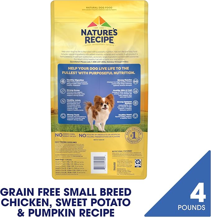 Nature's Recipe Grain Free Small Breed Dry Dog Food, Chicken, Sweet Potato & Pumpkin Recipe, 4 lb. Bag | Chicken, Sweet Potato & Pumpkin Recipe for Small Adult Dogs, Made with No Poultry By-Product Meal or Artificial Preservatives