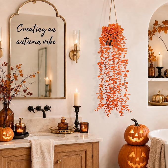 Der Rose 1Pcs Fake Fall Plants Hanging Orange Artificial Potted Faux Eucalyptus Plant Decorations for Fall Thanksgiving Bathroom Table Centerpiece Wall Kitchen Room Decor Indoor and Outdoor