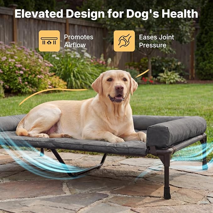 Veehoo Outdoor Elevated Dog Bed with Waterproof Bolster Cushion, Cooling | Raised Dog Bed with Removable & Washable Mat Topper, Breathable Mesh, Dog Couch Cot for Indoor Outdoor, 53", Large, Melange