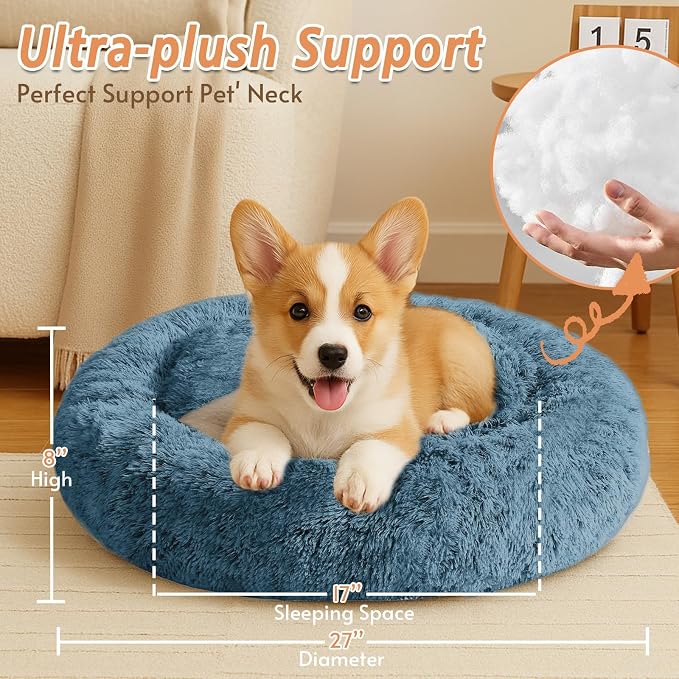 JOLLYVOGUE Calming Dog Bed Medium Size Dog, Anti-Anxiety Donut Medium Pet Bed, 27 inches Fluffy Faux Fur Round Cat Bed (Blue)