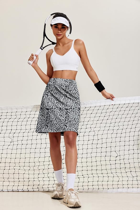 COOrun Women's 20" Knee Length Skirts High Waisted Golf Skorts with Pockets | Soft, Quick Dry, Split Hem, Built-in Shorts, A-line, Modest Skirts, for Golf Athletic Tennis Work Casual
