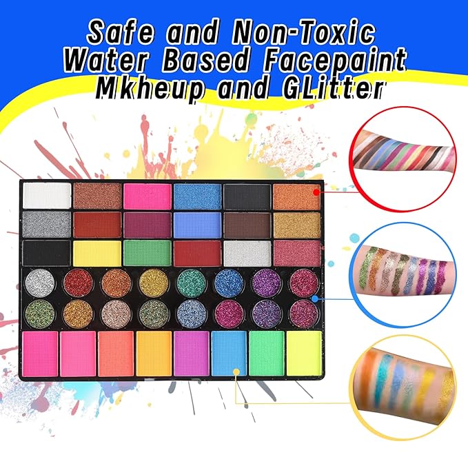42 Color Face Paint Kit for Kids, Brushes, Sponges, Gems, Stickers, Non-Toxic Water-Based Makeup Palette Face Painting Kit for Kids Ideal Halloween, Parties, Festivals, Body Art & More