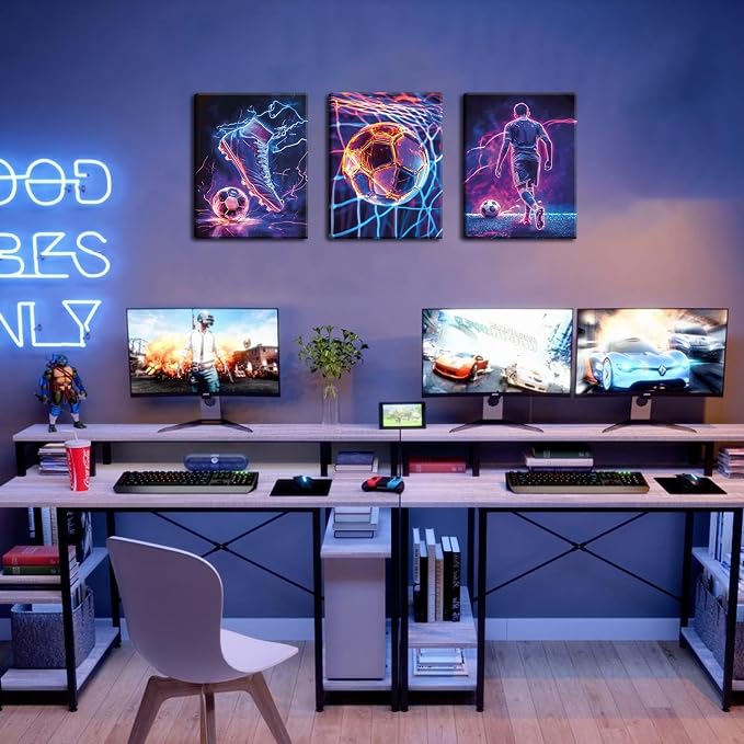 Cool Soccer Gaming Wall Art Set of 3, Neon Video Gamer Canvas Pictures, Colorful Soccer Game Painting Prints for Boys Room, Gaming Room Decor for Kids Gamer Room 12x16 inch Framed
