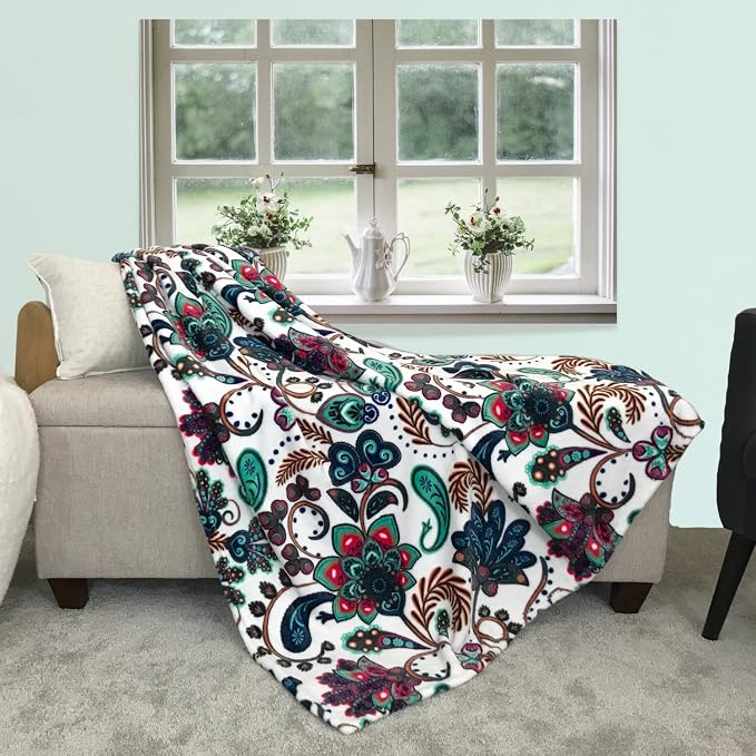 Bohemian Fleece Throw Blanket: Velvety Soft Durable Boho Floral Paisley Design Accent for Bed or Couch (Multicolored Boho, 50 x 60 inches)