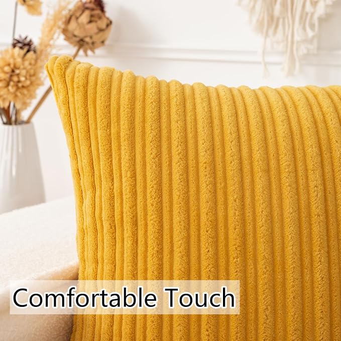 UGASA Pack of 2, Velvet Pillow Covers Striped, Soft Textured Throw Cushion Case Set, Accent Corduroy Lumbar Pillowcases with Hidden Zipper for Home Decor Indoor Outdoor (12"x20", Primrose Yellow)