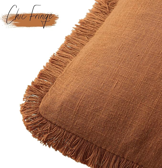 Foindtower Set of 2 Decorative Linen Fringe Throw Pillow Covers Cozy Boho Farmhouse Cushion Cover with Tassels Soft Accent Pillowcase for Couch Sofa Bed Living Room Home Decor, 24×24 Inch, Orange