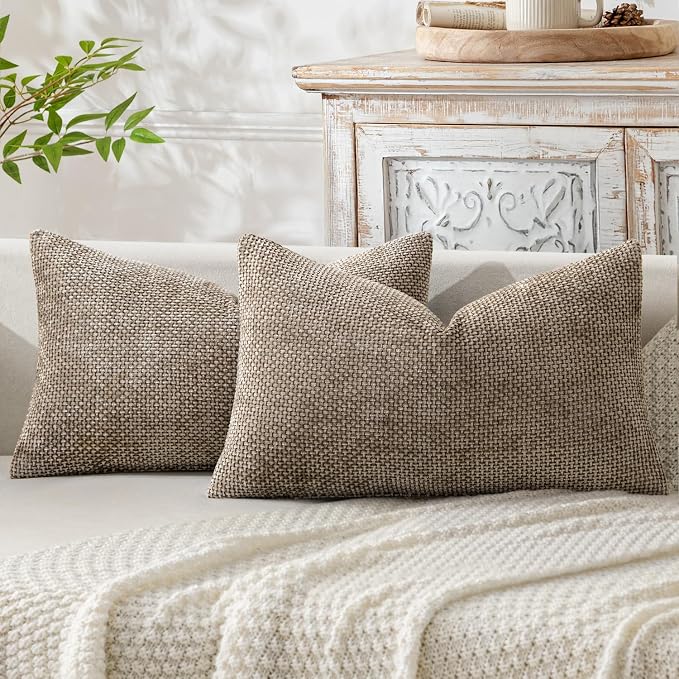 MIULEE Decorative Lumbar Throw Pillow Covers 12x20 in Neutral Khaki 2 Pack | Modern Boho Accent, Soft Chenille Pillow Covers, Farmhouse Cushion Cases for Couch Bed Sofa Living Room Home Decor