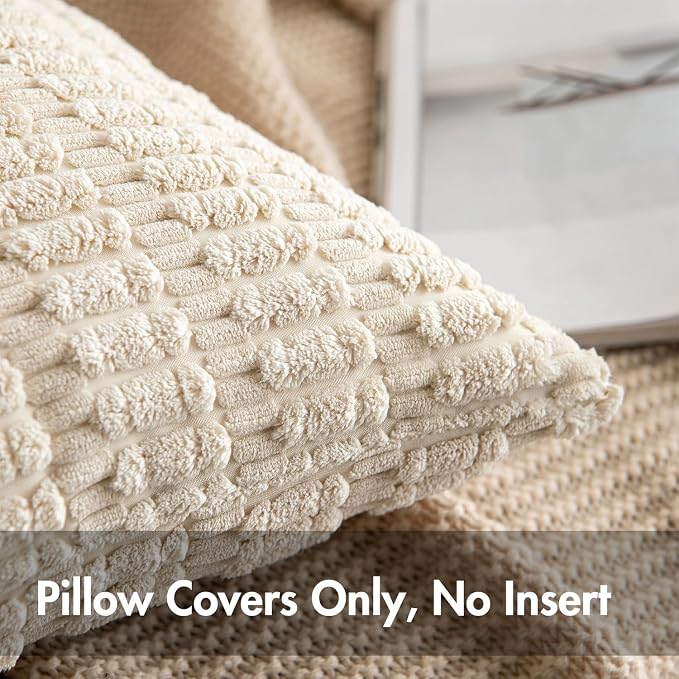 MIULEE Corduroy Decorative Throw Pillow Covers 20x20 Cream White Pack of 2 | Soft Boho Striped Pillow Covers Modern Farmhouse Home Decor For Sofa Living Room Couch Bed