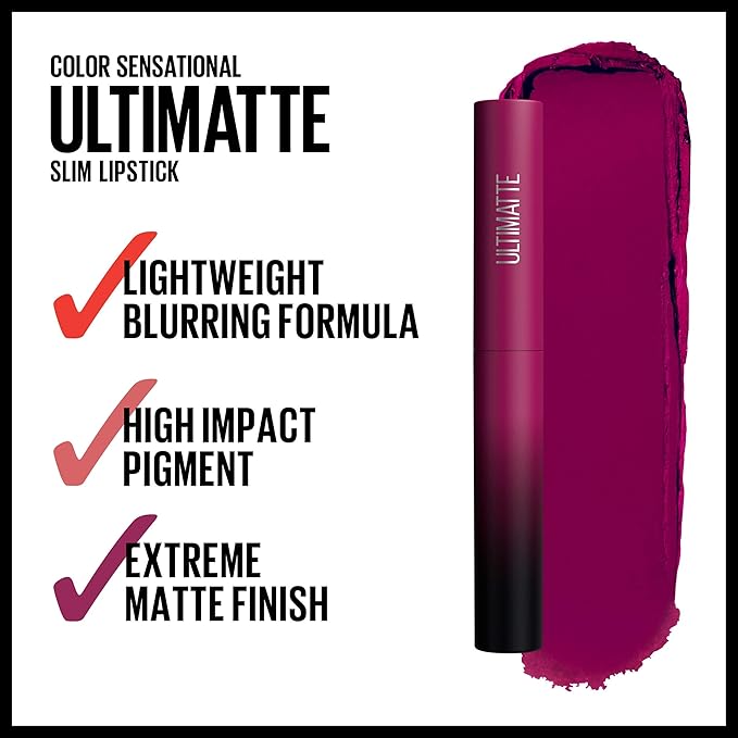 Maybelline Color Sensational Ultimatte Matte Lipstick, Non-Drying, Intense Color Pigment, More Berry, Warm Berry Purple, 1 Count