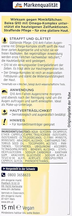 Anti-Wrinkle Eye Cream Q10 with Omega Complex - Perfume-free, PEG-free, Vegan, Not Tested on Animals - 15 ml by Balea