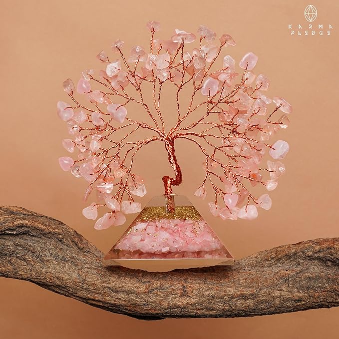 Rose Quartz Crystal Tree Good Luck Birthday Gifts for Women Mom Friends Sister Home and Office Desk Decor, Pyramid Base Reiki Healing Stones Chakra Tree of Life for Positive Energy, Money, Sucess