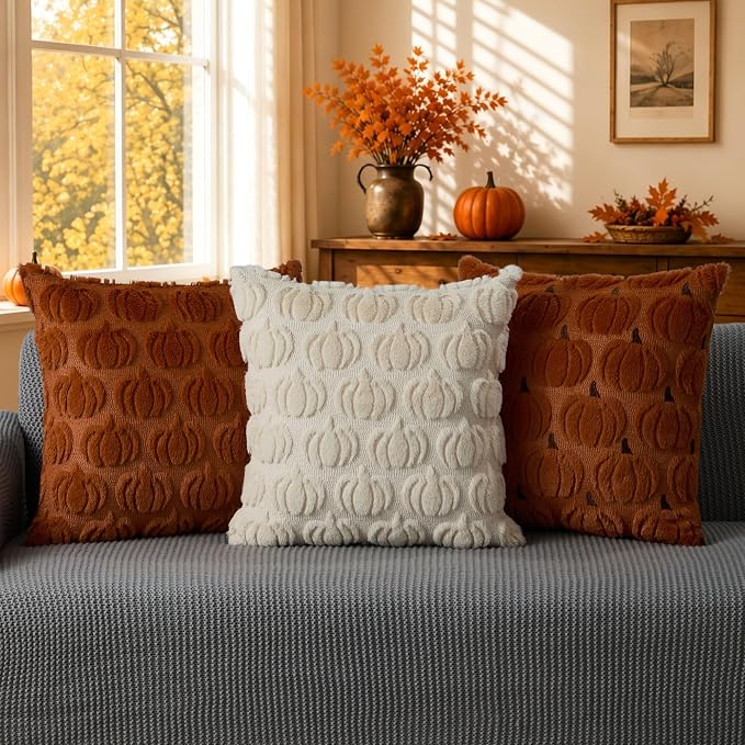 DFXSZ Fall Pillow Covers 18x18 2Pcs Rust Beige Pumpkin Fall Decorations | Fall decor Set of 2 Throw Pillow Cases Soft Plush Faux Fur Wool Couch Cushion for Chair Sofa Bedroom Living Room Home Decor