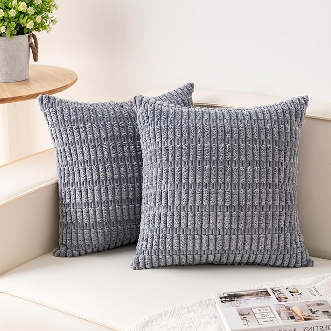 Pack of 2 Corduroy Decorative Throw Pillow Covers 20x20 Inch, Light Grey | Fall Soft Striped Pillow Covers Modern Farmhouse Home Decor Christmas Throw Pillow Covers for Sofa Living Room Couch Bed