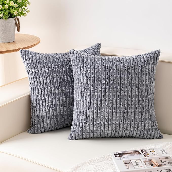 Aegero Pack of 2 Corduroy Decorative Throw Pillow Covers 18x18 InchSoft Boho Striped Pillow Covers Modern Farmhouse Home Decor for Sofa Living Room Couch Bed(Light Grey) | Fall Soft Striped Pillow Covers Modern Farmhouse Home Decor Christmas Throw Pill...