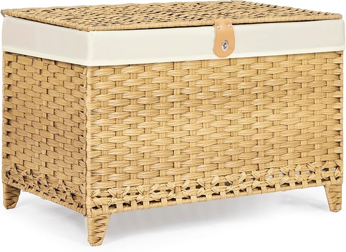 Wicker Storage Basket with Lid, 200L Storage Bin with Removable Liner Bag | Rattan-Inspired Shelf Basket Design, Storage Trunk with Heightened Feet, Wardrobe Storage Container & Home Organizer