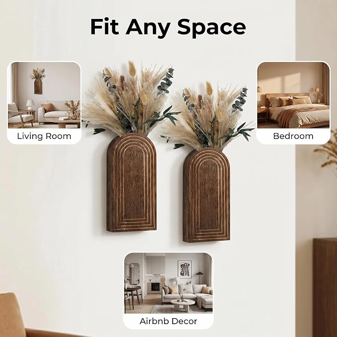 Set of 2 Wooden Wall Vases with Dried Pampas Grass & Eucalyptus, Boho Farmhouse Decor for Living Room, Entryway, Bathroom, Rustic Home Art(Dark Brown)