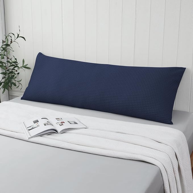 100% Egyptian Cotton 600 TC Waffle Weave Body Pillowcase with Zipper | 1 Pack Ultra Soft Breathable Pillow Cover, Skin-Friendly Bed Pillow Sham, Body Pillow Case Cover, Navy Blue, 20" x 54"