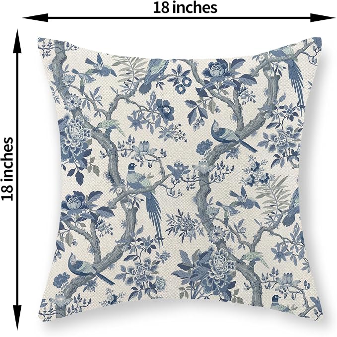 Chinoiserie Floral Birds Pillow Covers 18x18 Set of 2 Blue and Cream Spring Flower Decoratiove Pillowcase Vintage Outdoor Decor Throw Pillows for Couch Farmhouse Cushion Case for Home Sofa