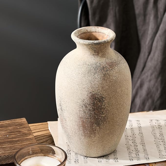 PORCER Ceramic Rustic Flower Vase, 8.27 Inch Vintage Pottery Home Decor, Antique Farmhouse Terracotta Vase for Living Room, Table, Shelf, Mantel Decoration, Farmhouse - Natural Brown