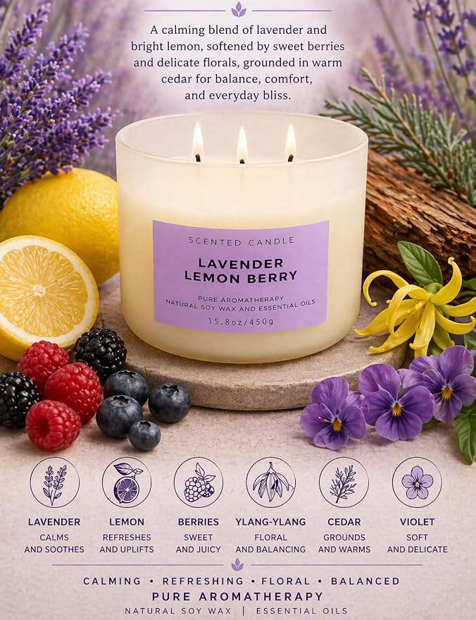Lavender Lemon Berry 3-Wick Soy Aromatherapy Candle for Women, 15.8 oz | Ylang-Ylang, Cedar & Violet Notes, Calming Floral Lemon Home Scent, Clean Burn, Bedroom, Bath & Spa, Gift for Her & Mom