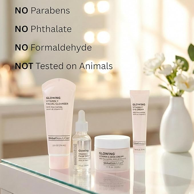 Global Beauty Care Vitamin C Glow Skincare Set - Complete Face Care Routine, Facial Cleanser, Serum, Eye Cream & Face Cream, with Niacinimade, AHA's & Vitamin E For Radiant Smooth Skin, 4-Piece Set