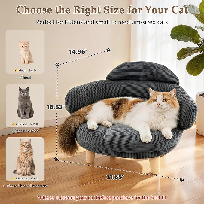 Gray Cat Sofa Bed, Furniture Style Pet Couch with Pine Wood Legs | Removable Cotton Velvet Cover, Cozy Cushion Design, Stylish Home Décor Pet Furniture for Cats and Small Dogs