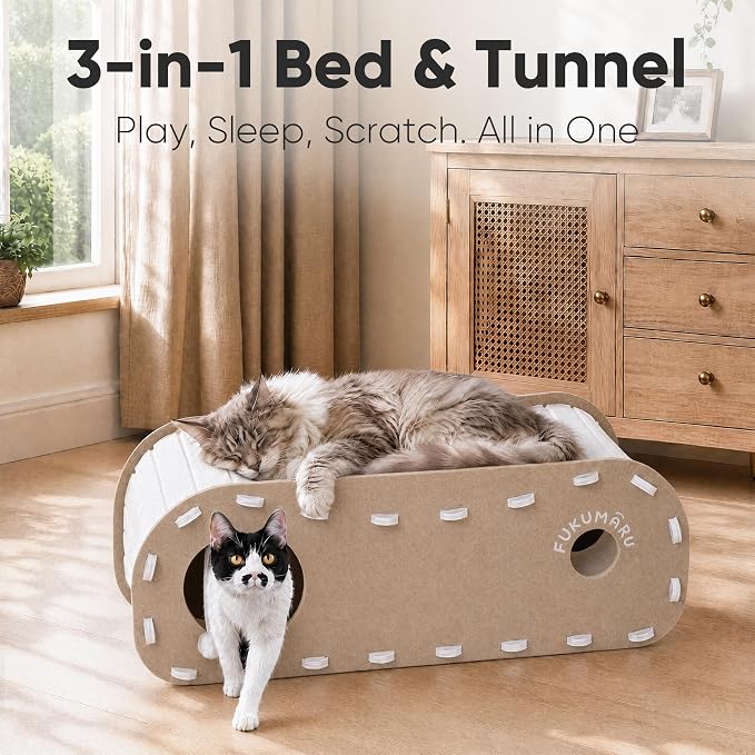 FUKUMARU Cat Bed Cave Tunnel, 31.5 Inch, Cat House Condo Indoor, Beige | Extra Long Design, For Multiple & Large Cats, Felt Material, Fluffy Ball Included, Scratch Resistant