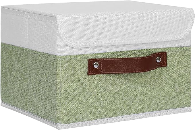 ANMINY Fabric Storage Box Bins with Lids, Green White, 10"x8"x7" | Keepsake Memory Storage, Cotton Linen, PP Board Reinforced, Washable, PU Handles, Foldable & Stackable, Decorative, Small