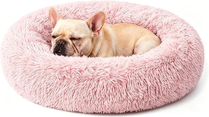 Calming Large Donut Dog and Cat Bed, Anti-Anxiety Round Soft Fluffy Plush Faux Fur Washable Anti-Slip Pet Bed for Medium Dogs Up to 35 lbs 28in Pink