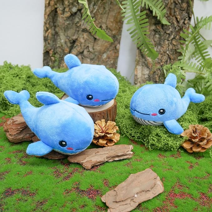 Dog Hide and Seek Toys Puppy Chew Squeaky Toys Plush Mushroom&Bamboo&Shell Hideout Stuffing with Squeakers Animals (3Pcs Squeaky Whale Blue)