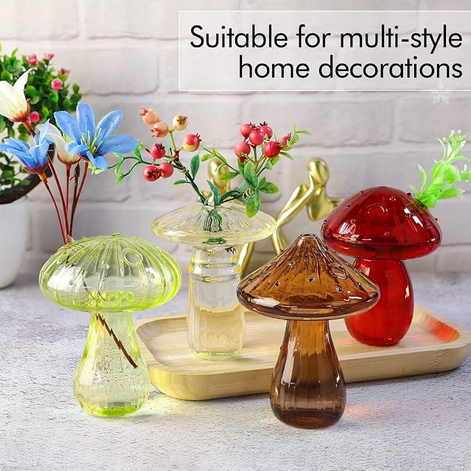 4 PCS Mushroom Shaped Glass Vase, Planters Clear Hydroponic Vase, Flowers Plants for Decorative Centerpiece,Table Decor,Home Wedding Party (4 Color)