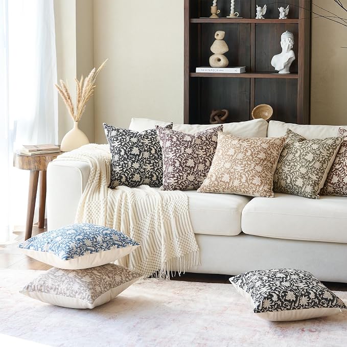 FIOUOVO Floral Throw Pillow Covers 20x20 Farmhouse Block Print Pillow Covers Decorative Pillow Covers Couch Pillows for Living Room Vintage Accent Sofa Pillows Set of 2, Neutral