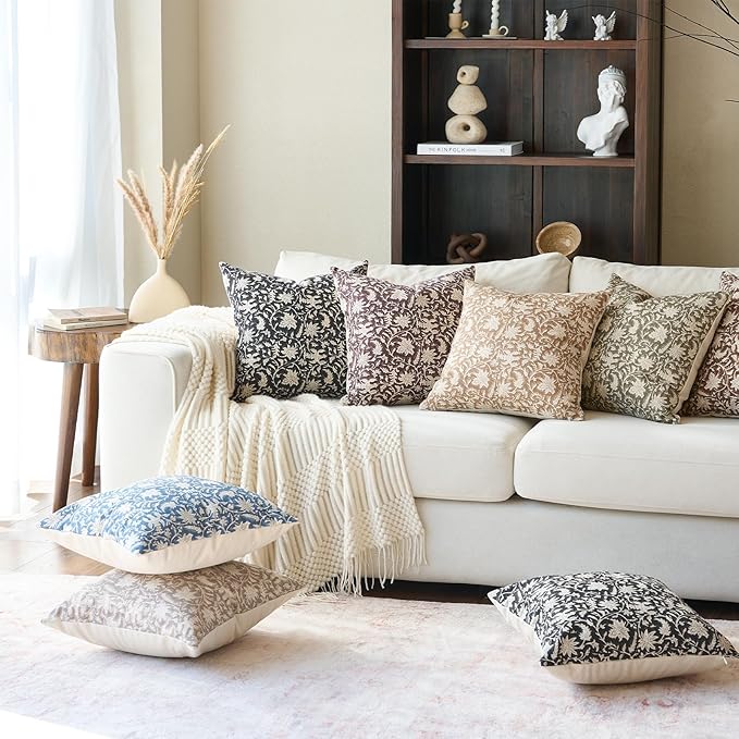 FIOUOVO Floral Throw Pillow Covers 24x24 Farmhouse Block Print Pillow Covers Decorative Pillow Covers Couch Pillows for Living Room Vintage Accent Sofa Pillows Set of 2, Brown