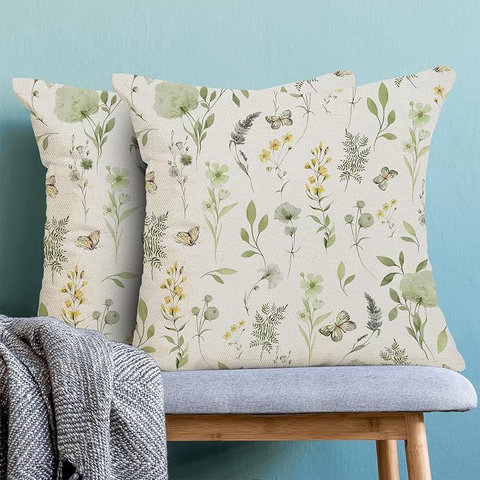 AEIOAE Spring Pillow Covers 18x18 Inch Set of 2, Sage Green Yellow Wild Flower Throw Pillows Case,Colorful Seasonal Floral Plant Outdoor Decorative Farmhouse Decor Cushion Covers for Sofa Bed Couch